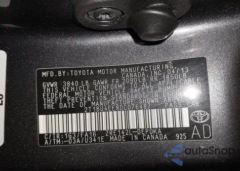 2013 Toyota Corolla L из США, поврежденный, VIN 2T1BU4EE8DC076487